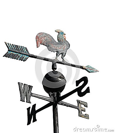 wind weather vane with cock on top and cardinal points on white Stock Photo