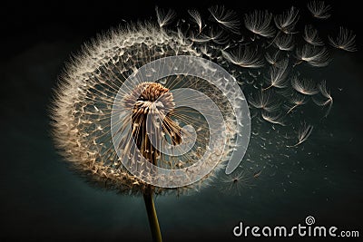 windblown dandelion seed head, with seeds floating away Stock Photo