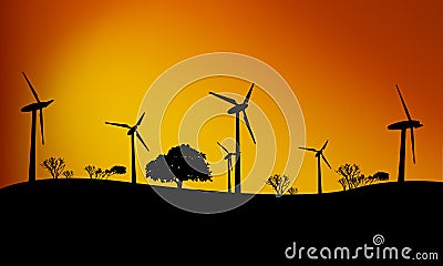 Windfarm, sunset Cartoon Illustration