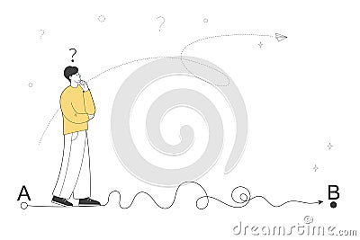 Winding and confusing road from point A to point B. Difficult path to the goal. Man stands in indecision, questions and Vector Illustration