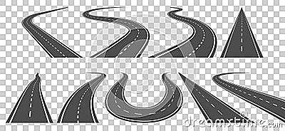 Winding curved road or highway with markings. Vector Illustration