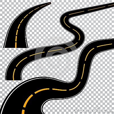 Winding curved road or highway with markings. Direction, transportation set. Vector illustration Vector Illustration