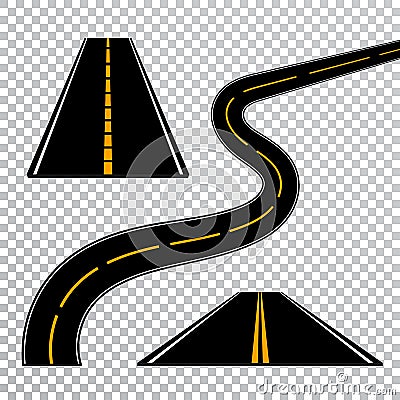 Winding curved road or highway with markings. Direction, transportation set. Vector illustration Vector Illustration