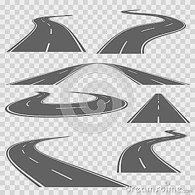 Winding curved road or highway with markings. Vector set Vector Illustration