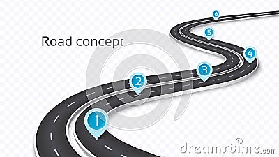 Winding 3D road concept on a transparent background. Timeline te Vector Illustration