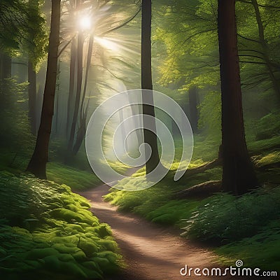 A winding forest path dappled with sunlight, leading deeper into the woods5 Stock Photo