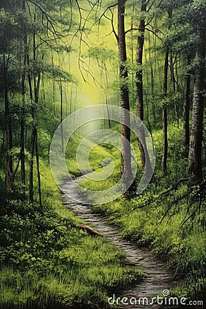 winding grass path through a lush woodland landscape Stock Photo