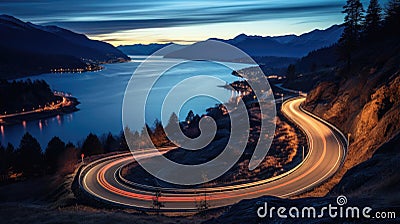 Winding lakeside road at night, bathed in the ethereal glow of moving car lights Stock Photo