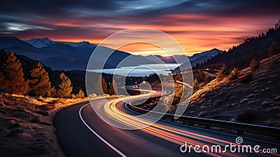 Winding lakeside road at night, bathed in the ethereal glow of moving car lights and a surreal sunset Stock Photo