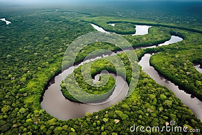 a winding river in the amazonas, with pristine waters and lush vegetation Stock Photo