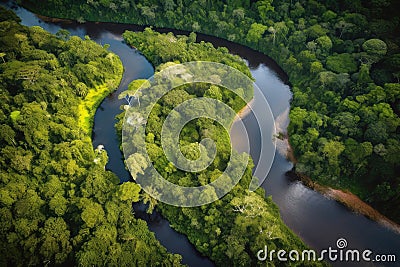 a winding river in the amazonas, with pristine waters and lush vegetation Stock Photo