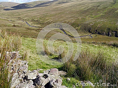 By tussocks and broken wall looking down to River Calder Stock Photo