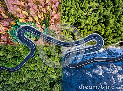 Winding road in all four seasons. Aerial view of a curved highway trough the forest. Composite drone roadway image Stock Photo