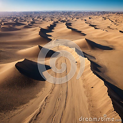 winding road amidst sandy expanse of desert with some rock formations in the Middle Eastern areas between Europe and Stock Photo