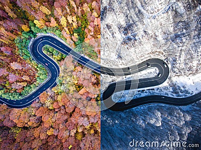 Winding road autumn vs. winter. Aerial view Stock Photo