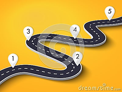 Winding Road on a Colorful Background. Road way location infographic template with pin pointer Vector Illustration