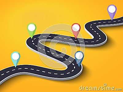 Winding Road on a Colorful Background. Road way location infographic template with pin pointer Vector Illustration