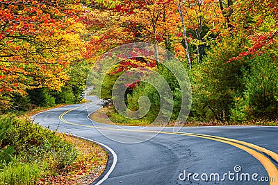 Winding road curves through autumn foliage trees in New England Stock Photo
