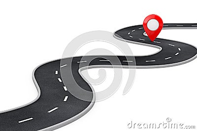 Winding Road with Destination Red Pin Target Pointer in the End of Road. 3d Rendering Stock Photo