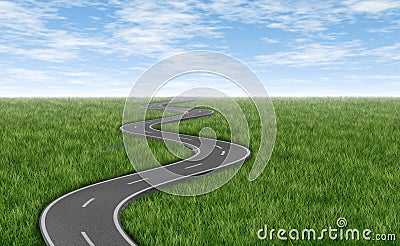 Winding road on green grass horizon Stock Photo