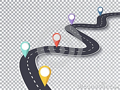 Winding Road Isolated Transparent Special Effect. Road way location infographic template. EPS 10 Vector Illustration