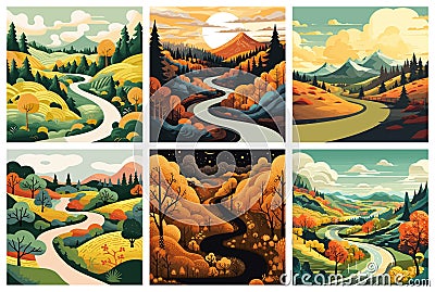 Winding road landscapes. Flat cartoon panorama with mountains hills and asphalt roads, nature country roadway views Vector Illustration