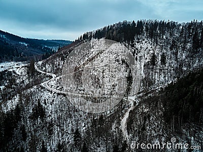 Landscape with winding road through mountain, aerial view Stock Photo