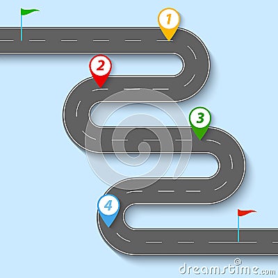 A winding road with road signs and flags. Vector Illustration