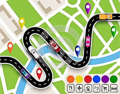 Winding road with signs. City map. Movement of vehicles. The path specifies the navigator. illustration Vector Illustration