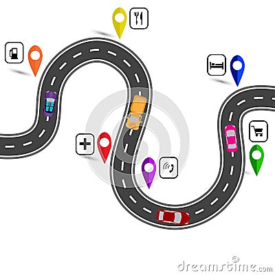 Winding road with signs. The path indicated by the navigator. illustration Vector Illustration