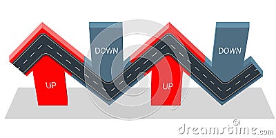 Winding road on up and down arrows. Concept of life path, finance, investment, profit. Vector. Stock Photo