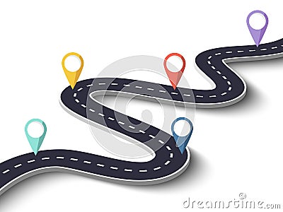 Winding Road on a White Isolated Background with Pin Pointer. Vector EPS 10 Vector Illustration