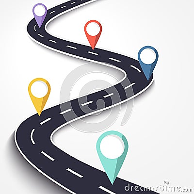 Winding Road on a White Isolated Background. Road way location infographic template with pin pointer Vector Illustration