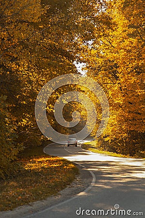 Winding rual road with car inside colorful autumn forest Stock Photo