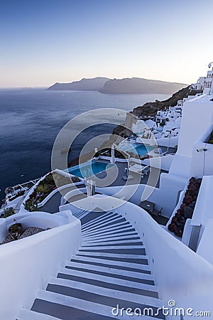 Winding stairs going down to Aegan Sea, Santorini Island -Greece Stock Photo