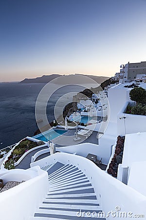 Winding stairs going down to Aegan Sea, Santorini Island -Greece Stock Photo
