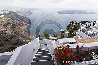 Winding stairs going down to Aegan Sea, Santorini Island, Greece Stock Photo