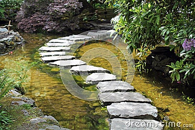 Winding Stone Pathway Through a Garden Pond Stock Photo