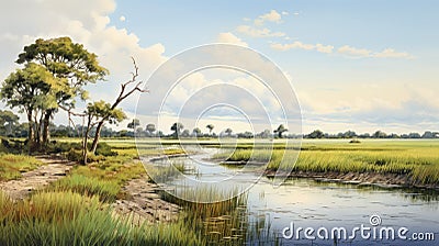 Realistic River Painting: Serene Marsh Of Brazil Watercolor Illustration Stock Photo