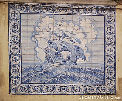 Windjammer picture on portuguese tiles Stock Photo