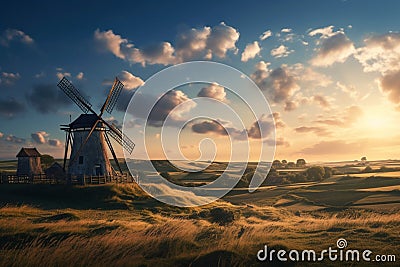 windmill background during sun set, ai generated Stock Photo
