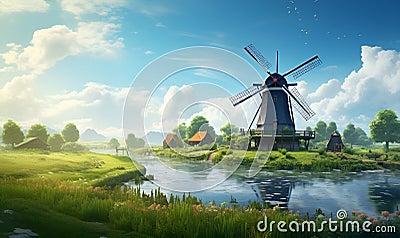windmill in a beautiful flower garden, ai generative Stock Photo