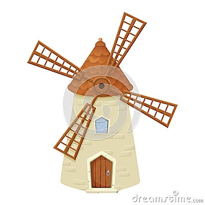 Windmill fairy, cartoon isolated on white background. Retro, rural building, tower with wooden propeller. Clipart, design element Vector Illustration