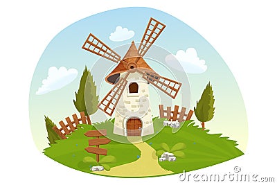 Windmill fairy landscape with wooden fence, signboard, grass, trees, farming in cartoon style isolated on white Vector Illustration