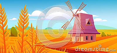 Windmill on farm nature landscape, plowed field Vector Illustration