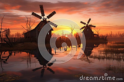 windmill farm at sunset during maintenance period Stock Photo