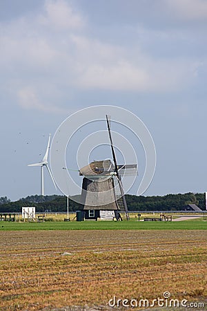 Windmill in the fields with flowers in the foreground Stock Photo