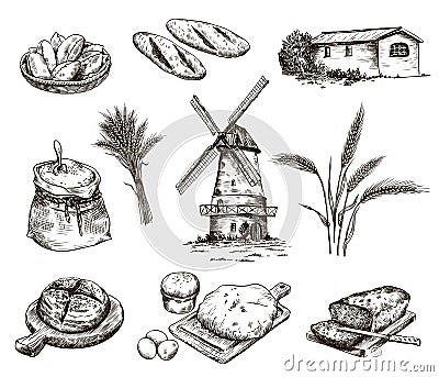 Windmill and fresh bakery products. homemade baking. bakery products. vector sketch on white Vector Illustration