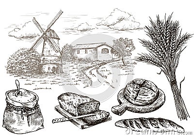 Windmill and fresh bakery products. homemade baking. bakery products. vector sketch on white Vector Illustration