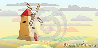 Windmill. Garden and rolling hills. Morning rural farm landscape. Morning orange sky. Cute funny cartoon design Vector Illustration